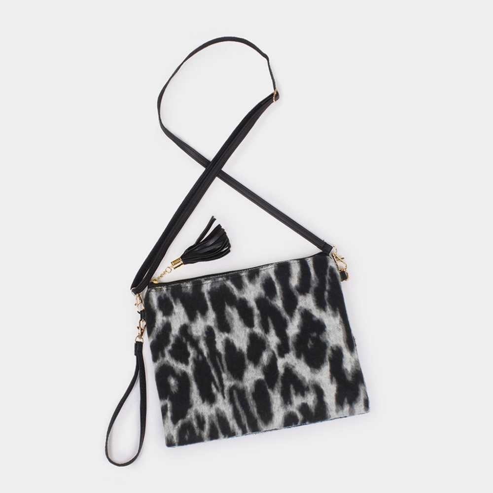 Gray Leopard Print Animal Cross Body Bag Clutch Trendy